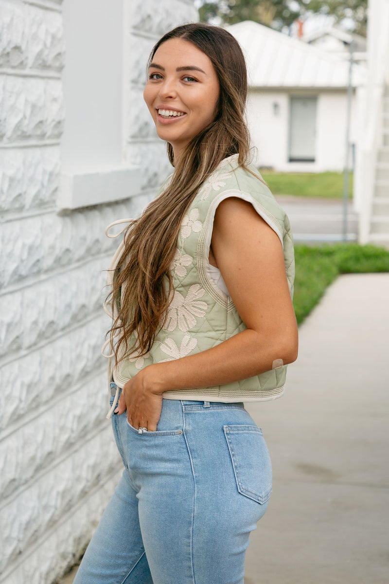 Staci Floral Tie Front Vest Sage