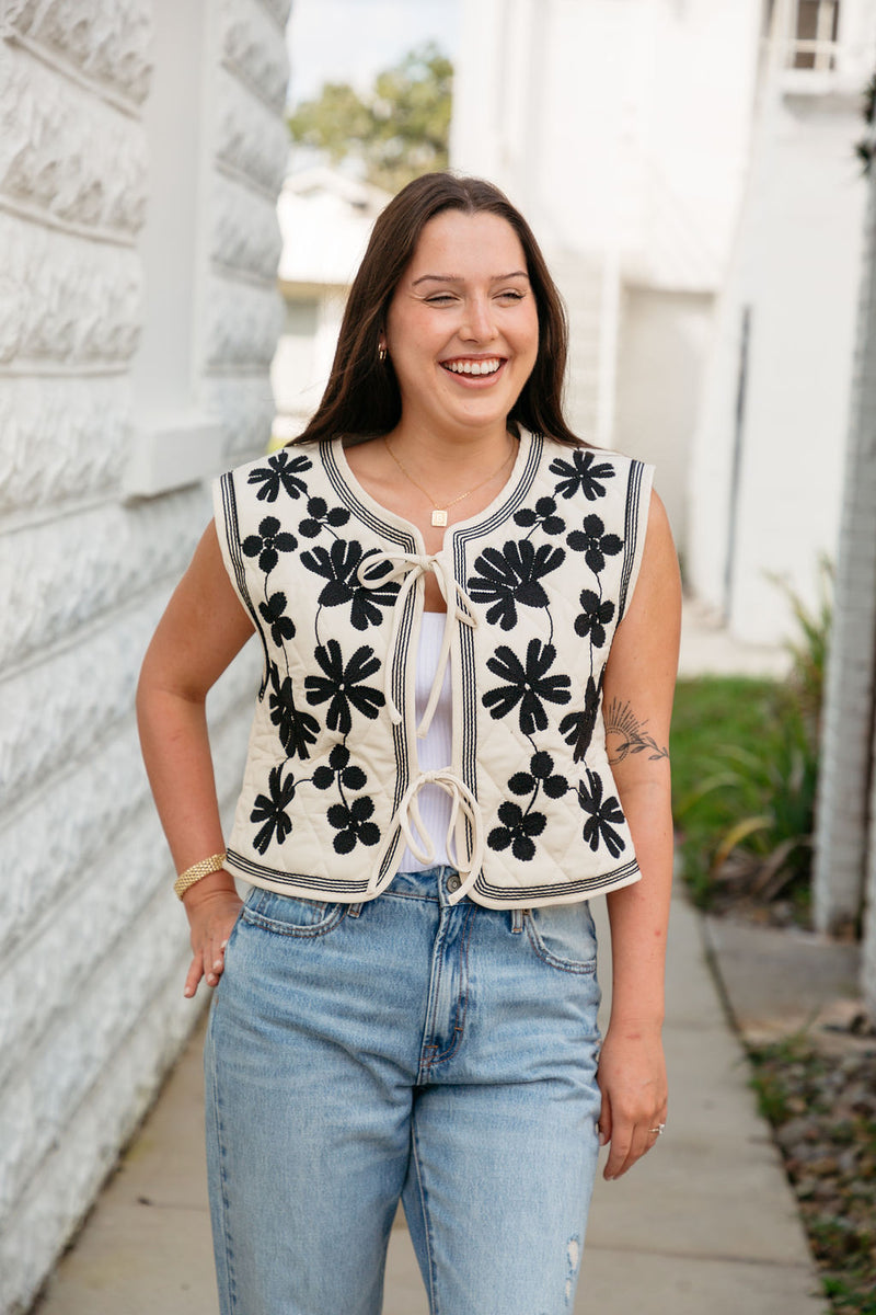 Staci Floral Tie Front Vest Taupe