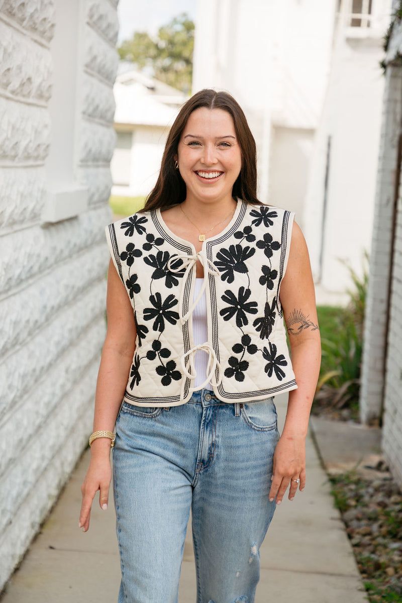 Staci Floral Tie Front Vest Taupe